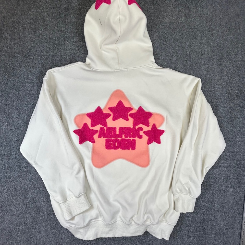 Aelfric Eden Mens XL White Pink Star Chenille Embroidery Hoodie Streetwear XL - Picture 7 of 8